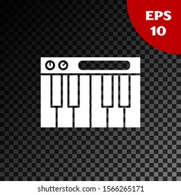 White Music synthesizer icon isolated on transparent dark background. Electronic piano.  Vector Illustration