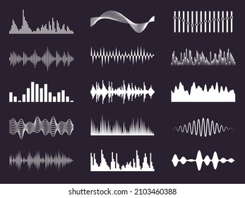 Weiße Musikwellen. Digitale akustische Visualisierung. Elektronische grafische Signale. Soundeffekt-Equalizer. Audiosymbole. Schilder für Tonspur-Aufzeichnungsgeräte. Melodie Frequenz. Vektorgrafik