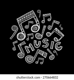 White music word and notes fill a circle shape. Black background. Vector illustration.