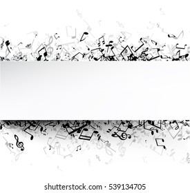 Fondo musical blanco con notas negras. Ilustración de papel vector.