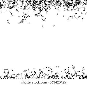 White musical background with black notes. Vector paper illustration.