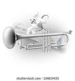 White musical background series. Classical trumpet, isolated on white background with musical notes. Vector illustration