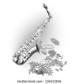 White musical background series. Classical saxophone alto. Isolated on white autumn background with leaves and a bunch of rowan. Vector illustration