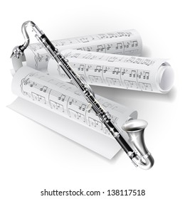 White musical background series. Classical bass clarinet, isolated on white background with musical notes