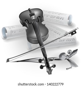 White musical background series. Classical violin, isolated on white background with musical notes. Vector illustration