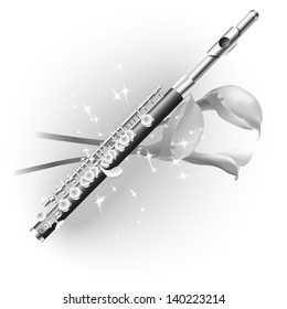 White musical background series. Classical  piccolo flute, isolated on white background with flowers. Vector illustration