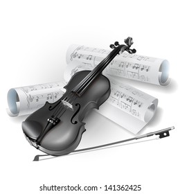 White musical background series. Classical violin, isolated on white background with musical notes
