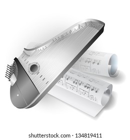 White musical background series. Traditional Finnish kantele, isolated on white background with musical notes. Vector illustration