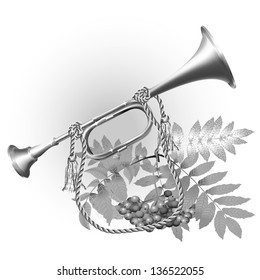 White musical background series. Traditional hunting horn, isolated on white background with leaves and a bunch of rowan. Vector illustration