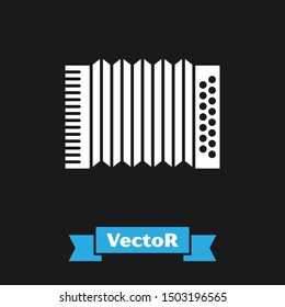 White Musical instrument accordion icon isolated on black background. Classical bayan, harmonic.  Vector Illustration