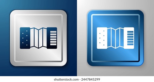 White Musical instrument accordion icon isolated on blue and grey background. Classical bayan, harmonic. Silver and blue square button. Vector