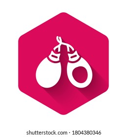 White Musical instrument castanets icon isolated with long shadow. Pink hexagon button. Vector.