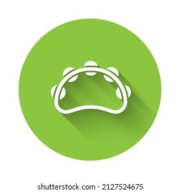 White Musical instrument percussion tambourine, with metal plates icon isolated with long shadow. Green circle button. Vector