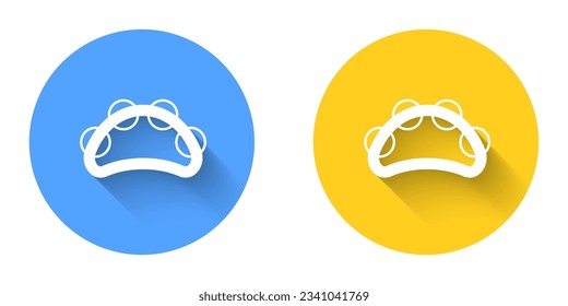 White Musical instrument percussion tambourine, with metal plates icon isolated with long shadow background. Circle button. Vector