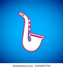 White Musical instrument saxophone icon isolated on blue background.  Vector