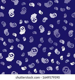 Nota musical blanca en icono de cabeza humana aislado sin fisuras en fondo azul.  Ilustración vectorial