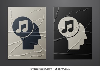 White Musical note in human head icon isolated on crumpled paper background. Paper art style. Vector Illustration