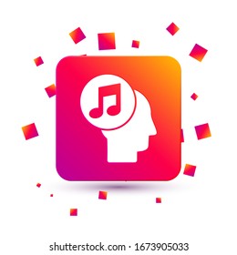Nota musical blanca en icono de cabeza humana aislado en fondo blanco. Botón Color cuadrado.  Ilustración vectorial
