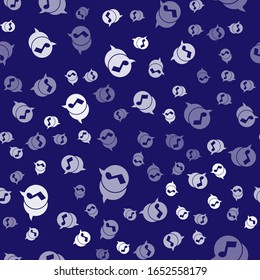 White Musical note in speech bubble icon isolated seamless pattern on blue background. Music and sound concept.  Vector Illustration