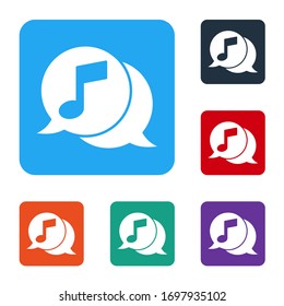 White Musical note in speech bubble icon isolated on white background. Music and sound concept. Set icons in color square buttons. Vector Illustration