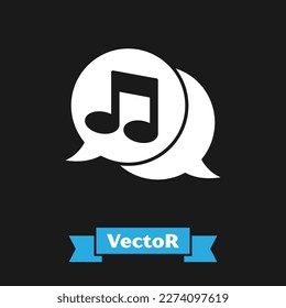 Weiße musikalische Note in Sprachblase Symbol einzeln auf schwarzem Hintergrund. Musik- und Tonkonzept.  Vektorgrafik