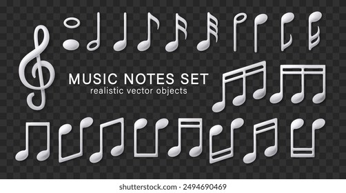 White musical symbol realistic collection isolated. Many various notes and symbols. Music Notes isolated on black background