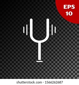 White Musical tuning fork for tuning musical instruments icon isolated on transparent dark background.  Vector Illustration