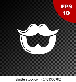 White Mustache and beard icon isolated on transparent dark background. Barbershop symbol. Facial hair style.  Vector Illustration