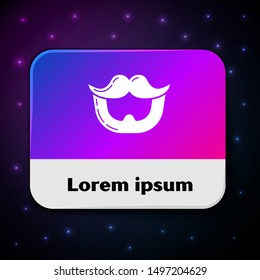 White Mustache and beard icon isolated on black background. Barbershop symbol. Facial hair style. Rectangle color button. Vector Illustration