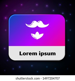 White Mustache and beard icon isolated on black background. Barbershop symbol. Facial hair style. Rectangle color button. Vector Illustration