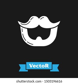 White Mustache and beard icon isolated on black background. Barbershop symbol. Facial hair style.  Vector Illustration
