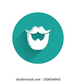 White Mustache and beard icon isolated with long shadow. Barbershop symbol. Facial hair style. Green circle button. Vector Illustration