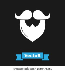 White Mustache and beard icon isolated on black background. Barbershop symbol. Facial hair style.  Vector Illustration