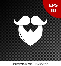 White Mustache and beard icon isolated on transparent dark background. Barbershop symbol. Facial hair style.  Vector Illustration