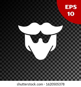 White Mustache and beard icon isolated on transparent dark background. Barbershop symbol. Facial hair style.  Vector Illustration