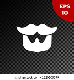 White Mustache and beard icon isolated on transparent dark background. Barbershop symbol. Facial hair style.  Vector Illustration