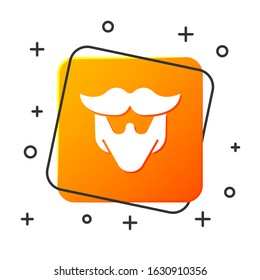 White Mustache and beard icon isolated on white background. Barbershop symbol. Facial hair style. Orange square button. Vector Illustration
