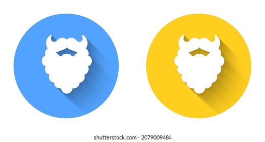 White Mustache and beard icon isolated with long shadow background. Barbershop symbol. Facial hair style. Circle button. Vector