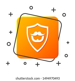 White Mustache and beard on shield icon isolated on white background. Barbershop symbol. Facial hair style. Orange square button. Vector Illustration