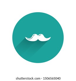 White Mustache icon isolated with long shadow. Barbershop symbol. Facial hair style. Green circle button. Vector Illustration