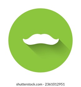 White Mustache icon isolated with long shadow. Barbershop symbol. Facial hair style. Green circle button. Vector