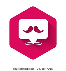 White Mustache icon isolated with long shadow background. Barbershop symbol. Facial hair style. Pink hexagon button. Vector