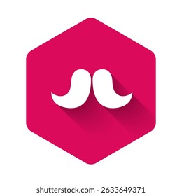 White Mustache icon isolated with long shadow background. Barbershop symbol. Facial hair style. Pink hexagon button. Vector