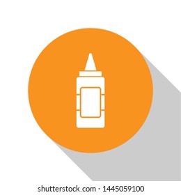 White Mustard bottle icon isolated on white background. Orange circle button. Vector Illustration