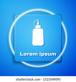 White Mustard bottle icon isolated on blue background. Blue square button. Vector Illustration