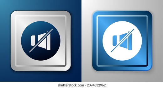 White Mute microphone icon isolated on blue and grey background. Microphone audio muted. Silver and blue square button. Vector