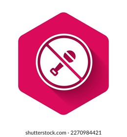 White Mute microphone icon isolated with long shadow background. Microphone audio muted. Pink hexagon button. Vector
