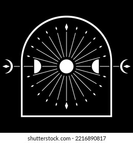 White mysterious magic moon different phases or lunar phases with moonlight ray in frame boho on black background vector icon design.
