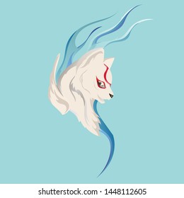 White mythical fox eastern cartoon vector illustration. Fox spirit symbol isolated on blue background