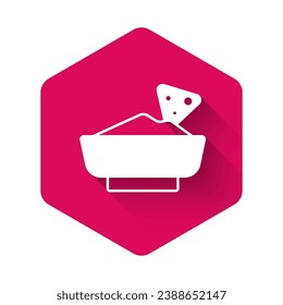 White Nachos in bowl icon isolated with long shadow background. Tortilla chips or nachos tortillas. Traditional mexican fast food menu. Pink hexagon button. Vector